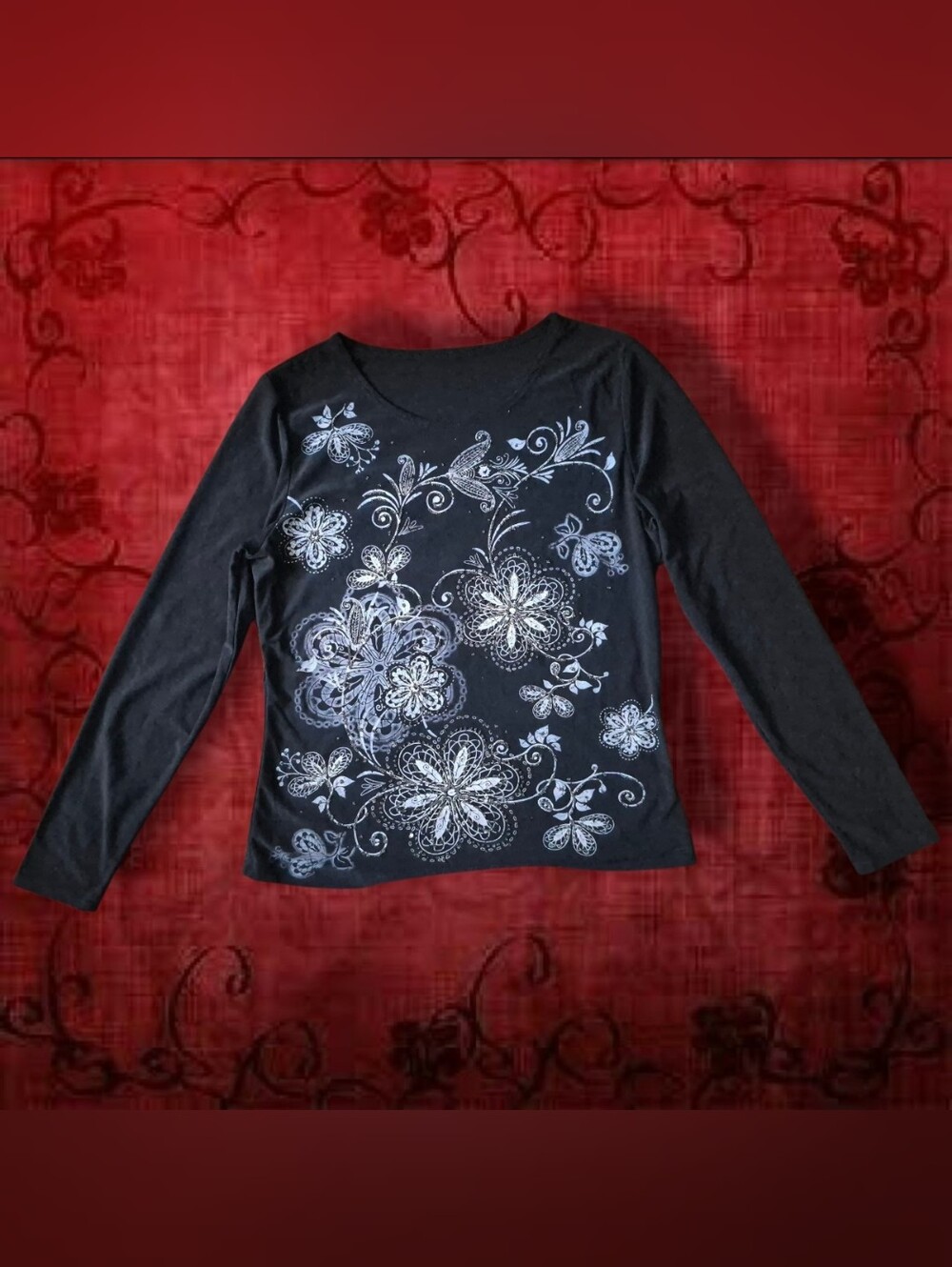 Vtg 90s/Y2k Whimsigoth Fairycore Blue Grey Black Beaded Paisley Floral Shirt